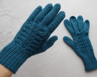 Turquoise wool gloves READY TO SHIP Lace Knitted dark blue gloves women Best Valentines Day gift for Friend Sister Aunt God mother