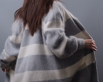 Vintage knit cardigan Angora women Retro knitted cardigan Striped knit loose cardigan wool sweater Collared cardigan jacket oversized woman