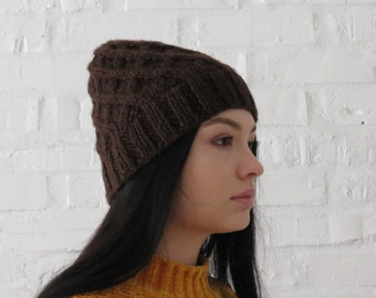 Dark brown winter hat women Knit cap alpaca wool Winter cable hand knit beanie Gift for sister doughter for Valentine's Day