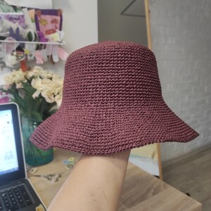 Raffia Bucket hat Packable Travel hand crochet cloche Natural raffia sun hat Wide brim hat Elegant women hat Straw brimmed summer hat image 3
