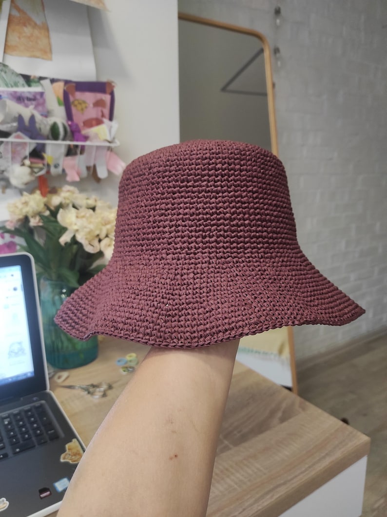 Raffia Bucket hat Packable Travel hand crochet cloche Natural raffia sun hat Wide brim hat Elegant women hat Straw brimmed summer hat image 3