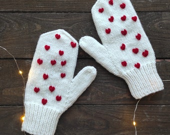 White hand knit mittens with embroidery hearts Christmas gift Valentines day gift for wife girlfriend Friend Sister Aunt God mother