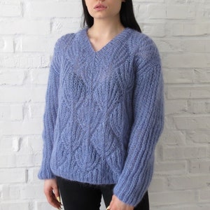 Oversize fluffy pullover for women in blue color Hand knit spring mohair sweater casual style Christmas gift for her