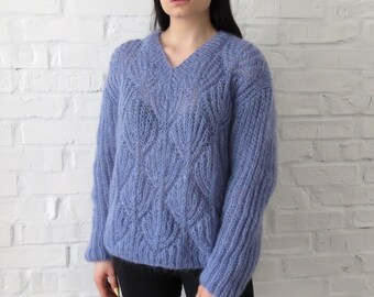 Oversize fluffy pullover for women in blue color Hand knit spring mohair sweater casual style Christmas gift for her