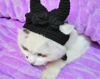Black Bride Cat Hat Valentines Day Cat bonnet Black Davil Horns Birthday gift Crochet Hat pets Photo prop Cat lovers gift Halloween costumes