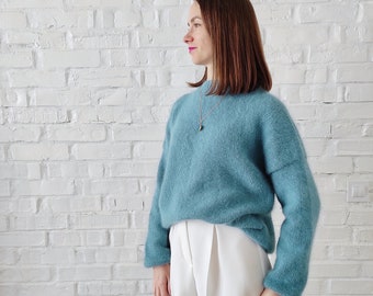 Real Angora sweater 80% angora Oversize fluffy pullover for women in blue color Hand knit spring sweater casual style Christmas gift for her