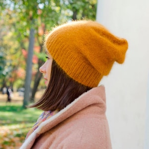 Knit fluffy angora beanie Mustard loose hat Yellow teens cap Christmas gift for daughter Knit hat women Slouchy wool fall winter beanie Mustard