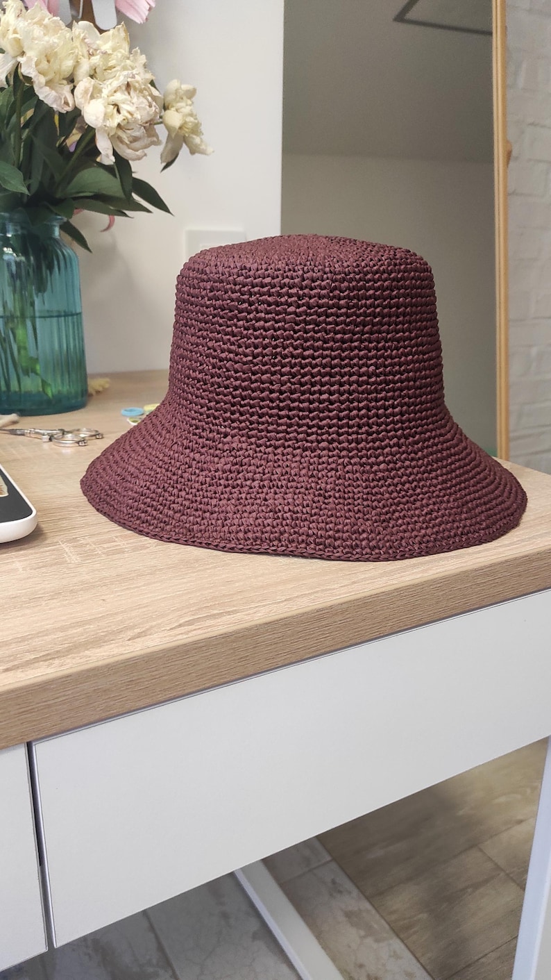 Raffia Bucket hat Packable Travel hand crochet cloche Natural raffia sun hat Wide brim hat Elegant women hat Straw brimmed summer hat image 4