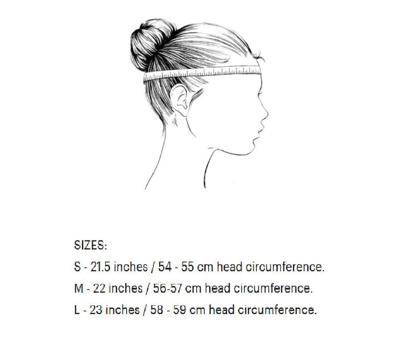 May include: A black and white line drawing of a head in profile with a measuring tape wrapped around the forehead. Text lists sizes: S - 21.5 inches, M - 22 inches, and L - 23 inches, corresponding to specific head circumference measurements.