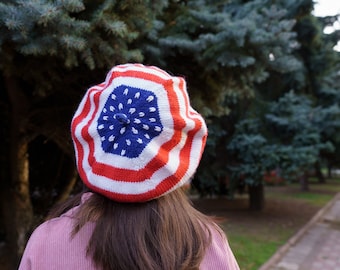 American flag patriotic beret USA knit hat Red white blue beret women Team beanie Striped hat Stars and stripes handmade beret hat Wool tam