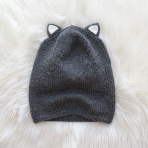 Beanie cat ears Grey hand knit hat women, men or teens. Hat can be wool or vegan. Custom color Cat lovers gift Valentine's day gift idea bff image 5