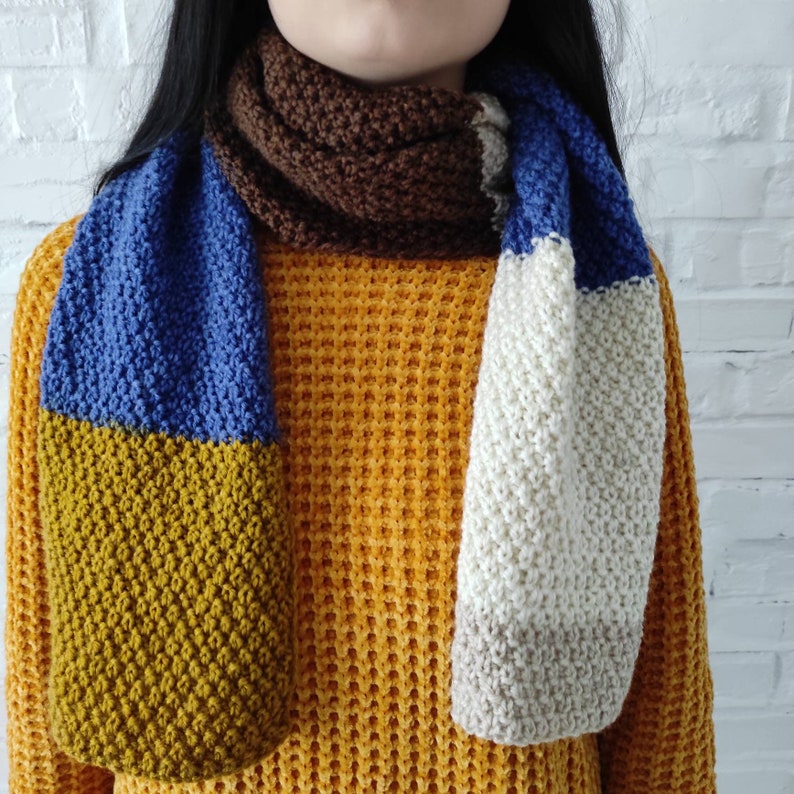 Vegan Knit scarf READY TO SHIP Christmas gift Unisex acrylic scarf Hand knitted wrap Men gift Blue Mustard knitted scarf Valentines day gift image 7