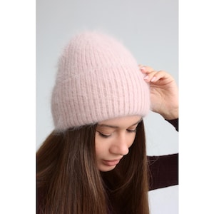 Pink Real angora ribbed hat Knitted fluffy beanie Cute teens cap Christmas gift for daughter Knit hat women Slouchy wool winter beanie