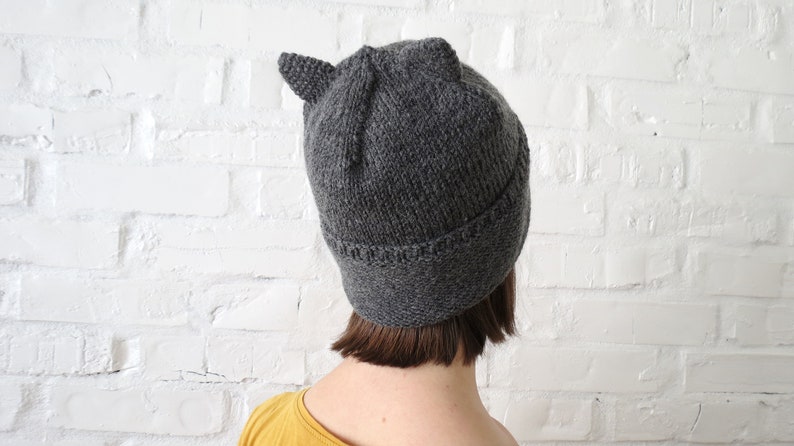 Beanie cat ears Grey hand knit hat women, men or teens. Hat can be wool or vegan. Custom color Cat lovers gift Valentine's day gift idea bff image 7