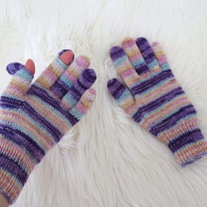Two finger touch screen gloves Blue green strypped gloves gadget gloves Merino wool Valentines day gift for Friend Sister Aunt God mother