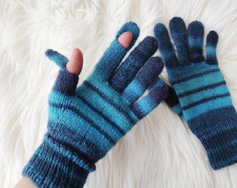 Blue Two finger touch screen gloves Strypped Hand knit Merino wool gloves Valentines gift for Friend Sister Aunt God mother