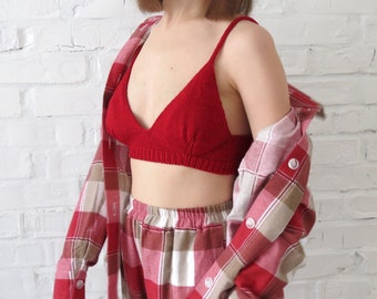 Pure merino wool bra red Women knitted lingerie Hand knit bralette Wool underwear Crop top Valentine's Birthday gift for friend sister