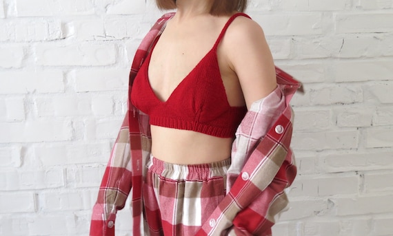 Pure Merino Wool Bra Red Women Knitted Lingerie Hand Knit Bralette