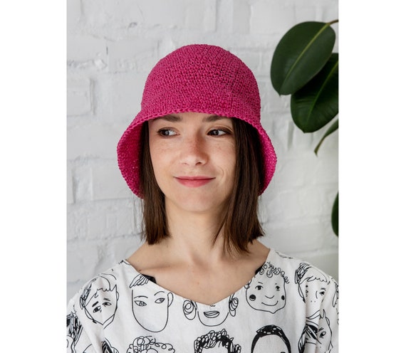 Bucket Hat Raffia in Hot Pink Crochet Straw Hat Summer Beach Sun Hat for  Women -  Canada