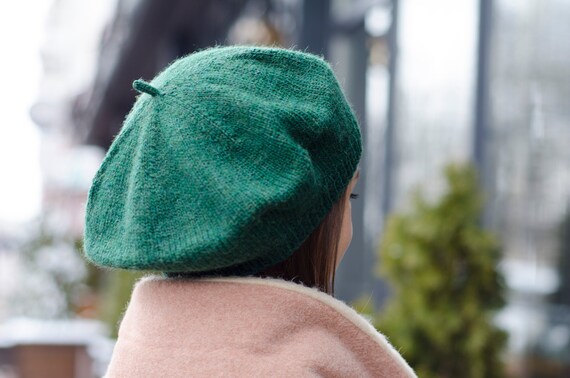 Green Knit hat and scarf set knit accessories Beret crocheted Basque Beret Hat French Wool Beret