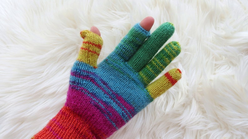 Two finger touch screen gloves Blue green strypped gloves gadget gloves Merino wool Valentines day gift for Friend Sister Aunt God mother image 1