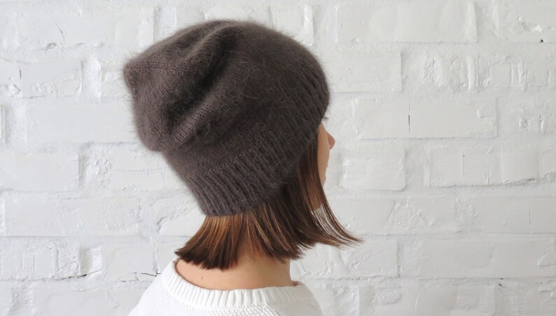 Knit fluffy angora beanie Mustard loose hat Yellow teens cap Christmas gift for daughter Knit hat women Slouchy wool fall winter beanie Middle Gray