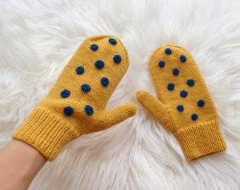 Yellow merino wool mittens Hand knitted glowes with polka dots Winter women Arm warmers Christmas Gift for friend sister wife bff gift