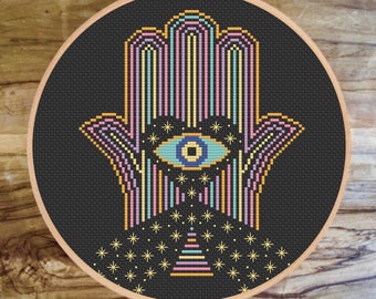 Schema punto croce mano di Hamsa con occhio malvagio: disegno Fatima al neon (schema PDF)
