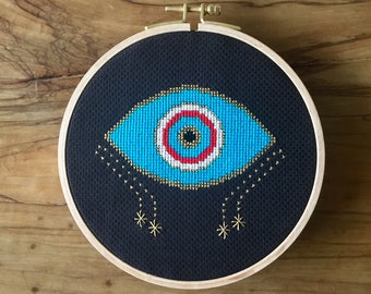 Gold Evil Eye cross stitch pattern | modern cross stitch | beginner cross stitch | PDF pattern | instant download