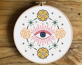 Floral Wreath Evil Eye cross stitch pattern | modern cross stitch | beginner cross stitch | PDF pattern | instant download