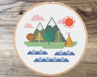 Travel cross stitch pattern | Mountain modern cross stitch | Camping beginner cross stitch | Sky PDF pattern | instant download