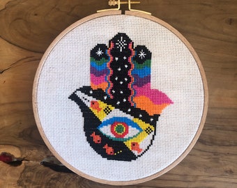 Schema punto croce con mano di Hamsa e occhio malvagio: design moderno per principianti (schema PDF)