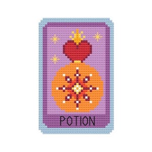 Puede incluir: Diseño de punto de cruz con una botella de poción con un corazón rojo y una corona dorada. La botella es naranja con un diseño de estrella blanca y naranja. La palabra "POTION" está en la parte inferior. El fondo es morado con estrellas doradas.