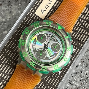 1994 Vintage Swatch Aqua-Chrono Scuba Sirena SBK101 Brand New never worn in original box with battery running neon green and orange estate