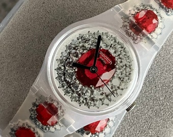 Swatch Watch RUBY Silver jeweled pattern double length band 25mm face running brand new in box never worn fabulous fun swatch watch jewelry