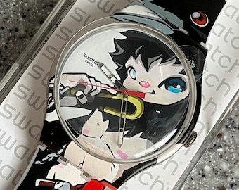 Swatch Watch NEW never worn in box SUOZ111 Crowha artist swatch rare Hiroyuki Matsuura running in box with battery fabulous design cartoon