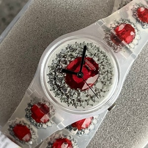 Swatch Watch RUBY Silver jeweled pattern double length band 25mm face running brand new in box never worn fabulous fun swatch watch jewelry