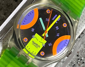 New unworn Vintage Swatch Watch 34mm Stream GK146 NEON colors all original in box with battery running fabulous mirrored swatch watch