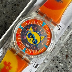 Vintage Swatch Watch RARE MEOW CAT pussycat swatch called Space Mouse GK323 unworn mint in box with battery running fabulous 34mm swatch