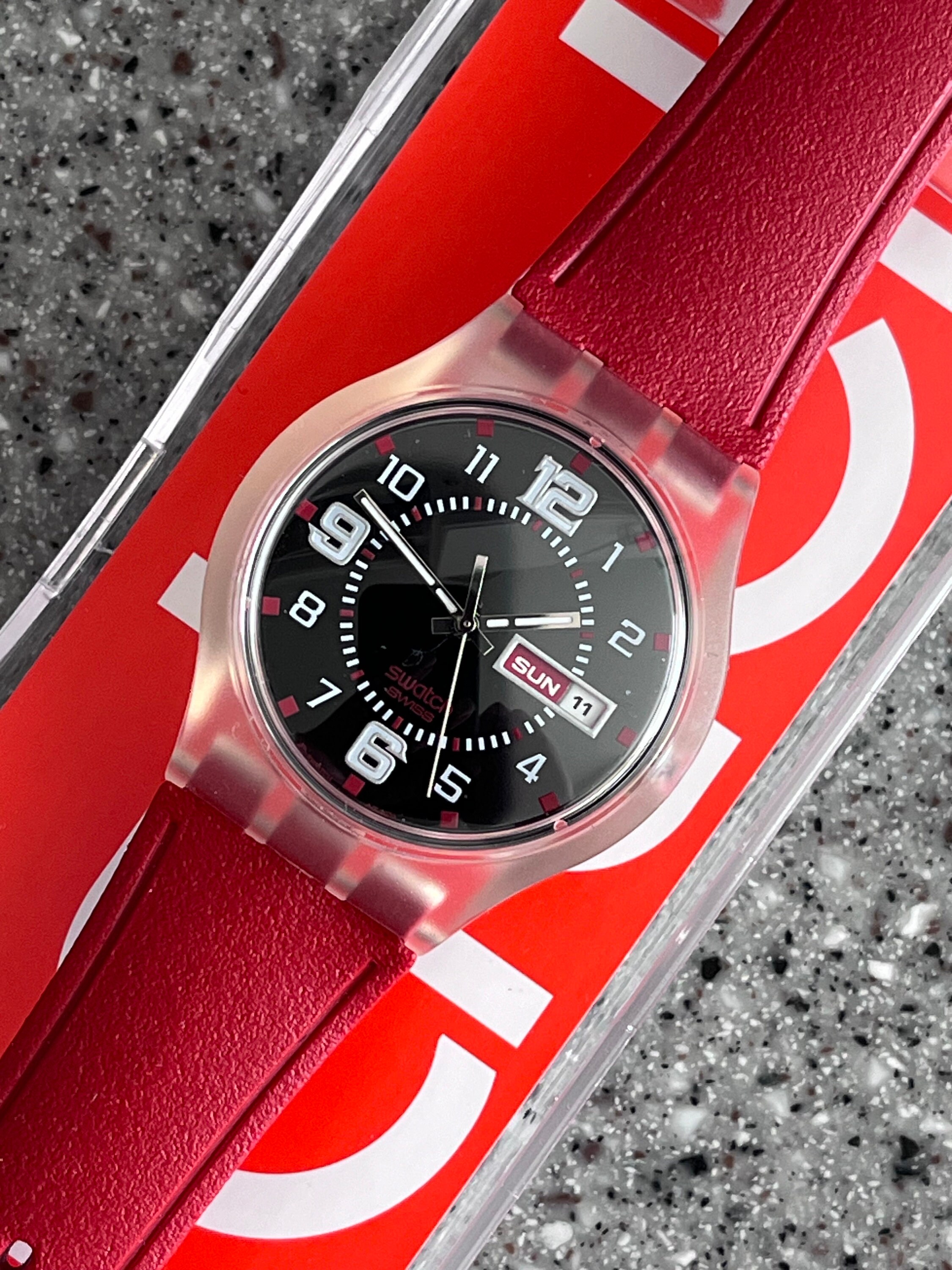 New Vintage Swatch Watch day date feature Jelly in Jelly Ruby 