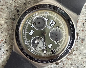 Vintage Swatch Chrono Irony early 90s 42mm with replacement everyday silicone band no box, runs well with battery swatch band black