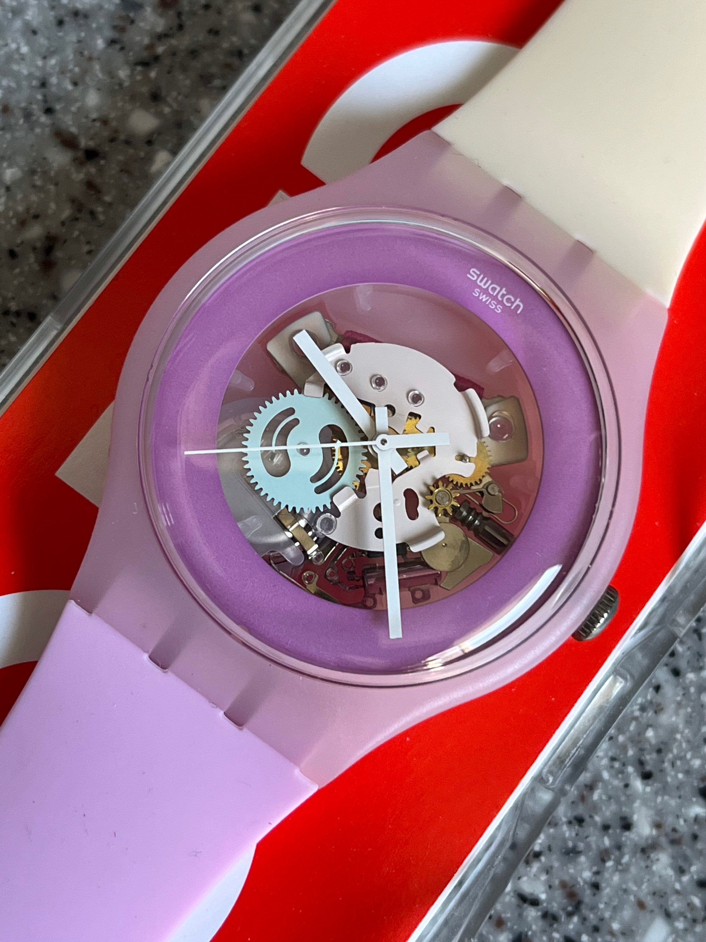 Swatch Watch 41mm Dial SUOP101 Sweet Me Silicone Band in Box New Old Stock Never Worn and Running Pink Cream Skeleton Transparent Dial Etsy