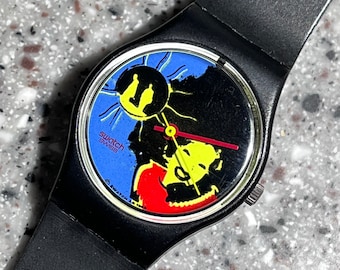 1989 Vintage Swatch 25mm with replacement band called Lady SUN LADY LB125, pre-owned in very good condition with new battery colorful design
