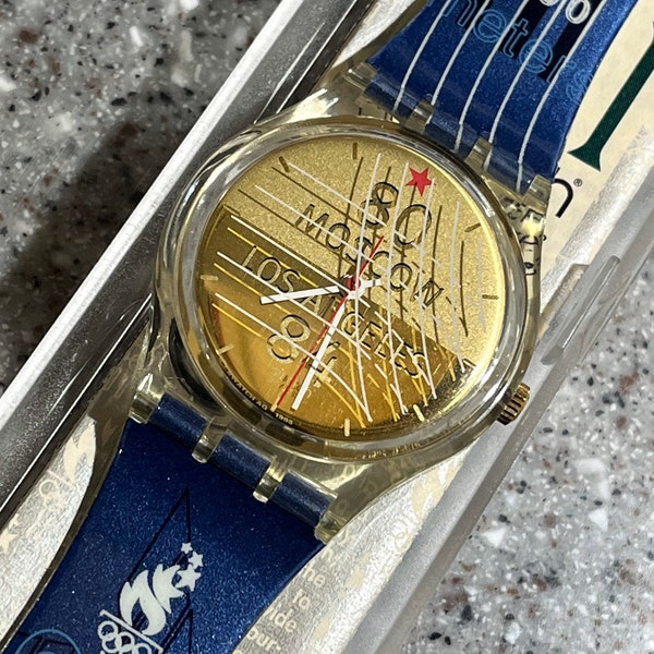 RARE Vintage Swatch Watch Sebastian Coe Moscow 80 Los Angeles 84 Olympic Swiss Quartz Gold face 34mm Swatch Watch in box never worn