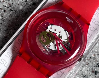 Swatch Uhr Colored Lacquer 41mm Gesicht RAR rot lackiert Swatch Uhr rotes Silikonband nie getragen neu no box