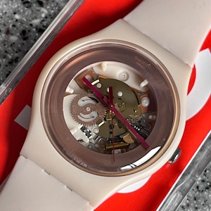 Shades of Rose Lacquer Swatch Watch rose gold 41mm silicone band NEW never worn in box with battery running great everyday swatch watch