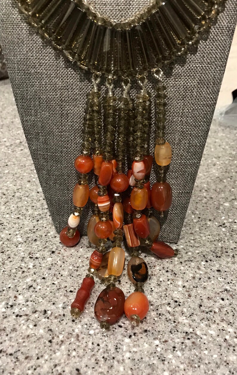 KeenlyDesigned carnelian and Czech smoky glass rod statement necklace