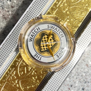 Vintage POP Swatch Watch Guinevere PWK169 1991 39mm face Never Worn New In Box with battery running gold tone patterned leather band GREAT!