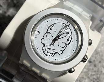New Swatch Watch estate piece running with battery Full-Blooded White Skull quartz swiss made 43mm face chronograph with date