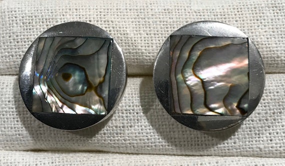 Vintage Mexico Signed 925 Silver Black Onyx Abalone Shell Large Mens Cufflinks